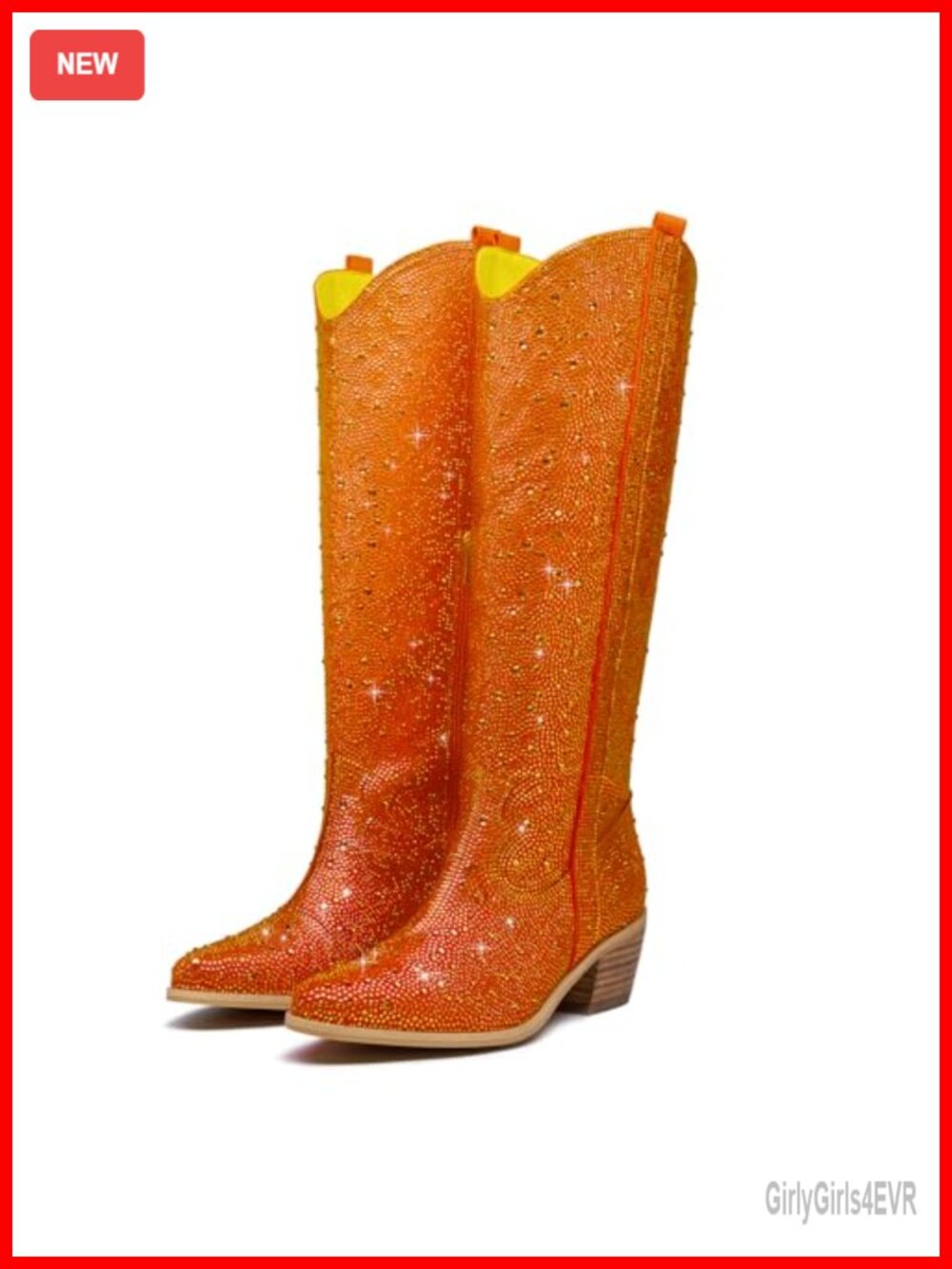 Rhinestone Western Cowboy Boots Glitter Side Zipper Pointed Toe Knee High